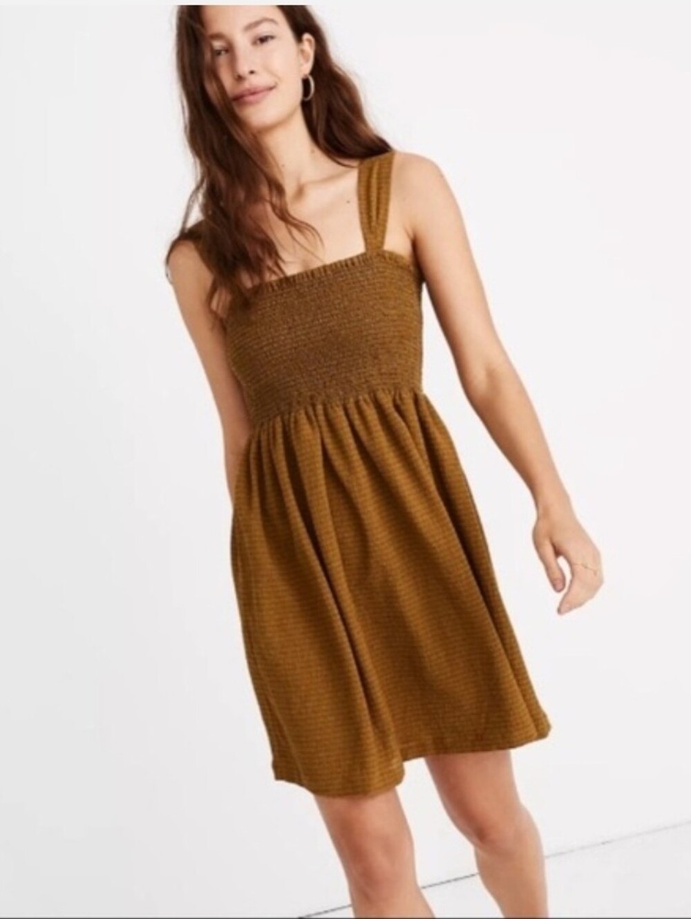Madewell Texture & Thread Smocked Mini Dress Olive Golden Mustard Yellow - Small